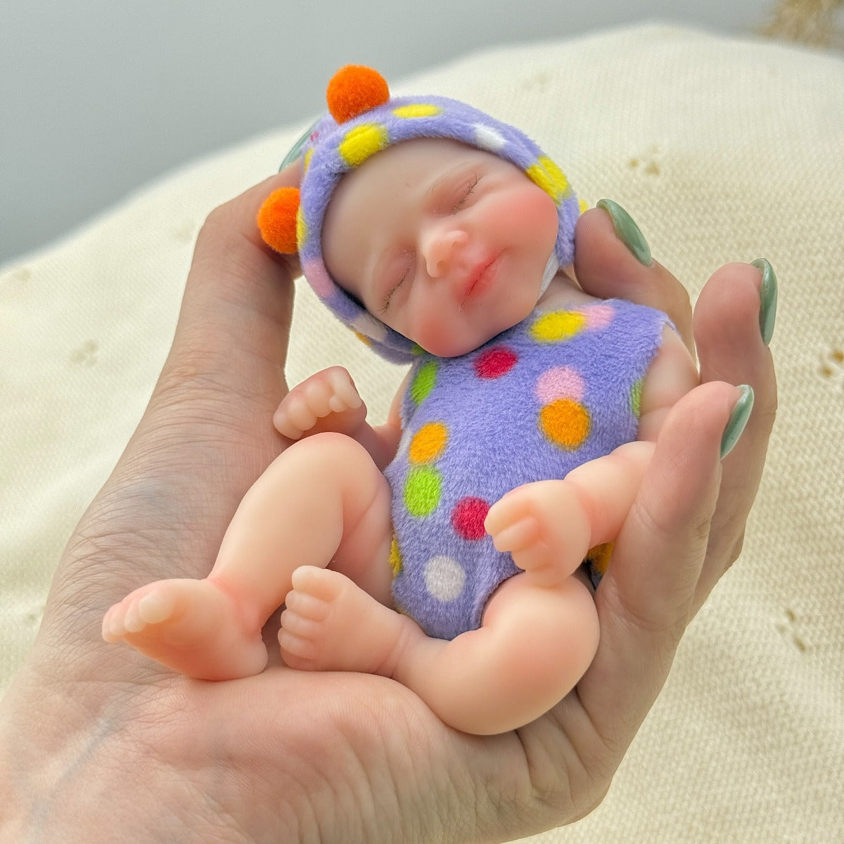 15cm Silicone Closed Eyes Pascale Mini Reborn Doll in Purple Polk Dot Outfits