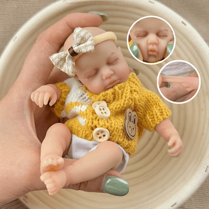 15cm Silicone Closed Eyes loulou Mini Reborn Doll in Yellow Stripes Sweater