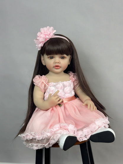 Bambola Reborn Bambina Capelli Castani Lunghi 22 Pollici In Abito Rosa-Betty