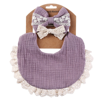 Lace cotton solid color Bib & Headband 3-Piece Set