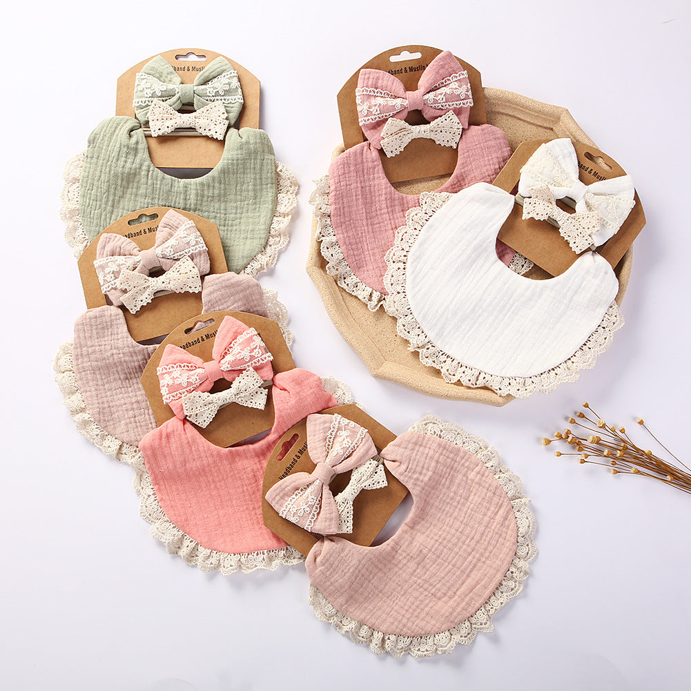 Lace cotton solid color Bib & Headband 3-Piece Set