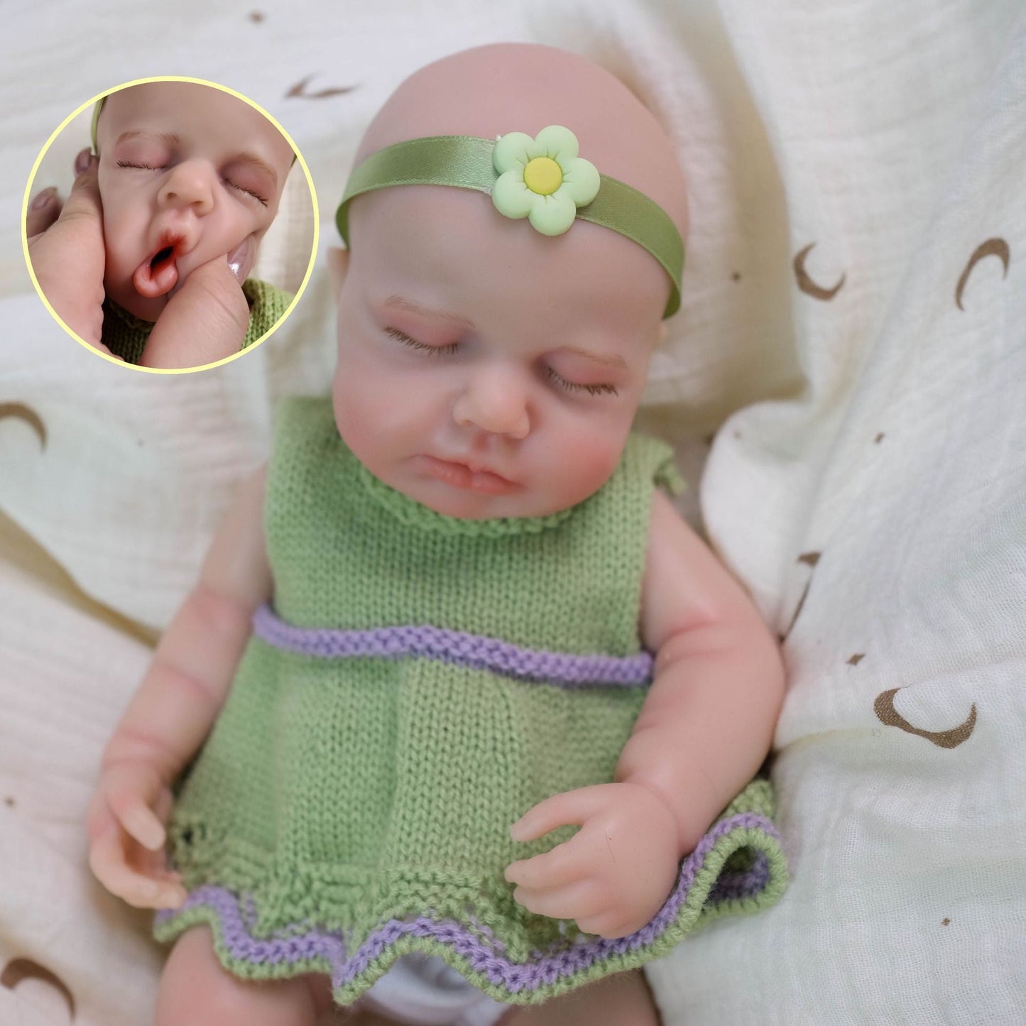 30cm Soft Full Silicone Asleep Loulou Reborn Doll Girl In Green Dress