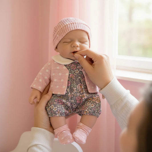 Bambola Reborn Pascale in silicone con bocca apribile da 30 cm bambina in abiti rosa