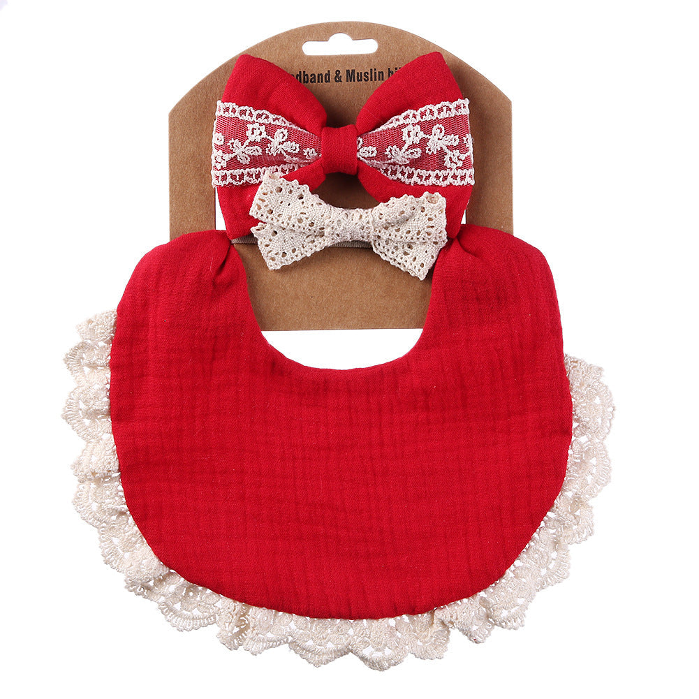 Lace cotton solid color Bib & Headband 3-Piece Set