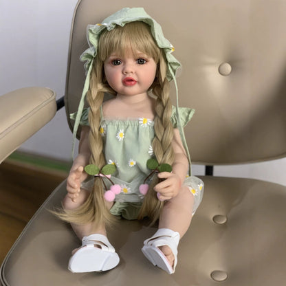 55cm Open Eyes Long Blonde Hair Betty Reborn Baby Girl In Green Daisy Outfits