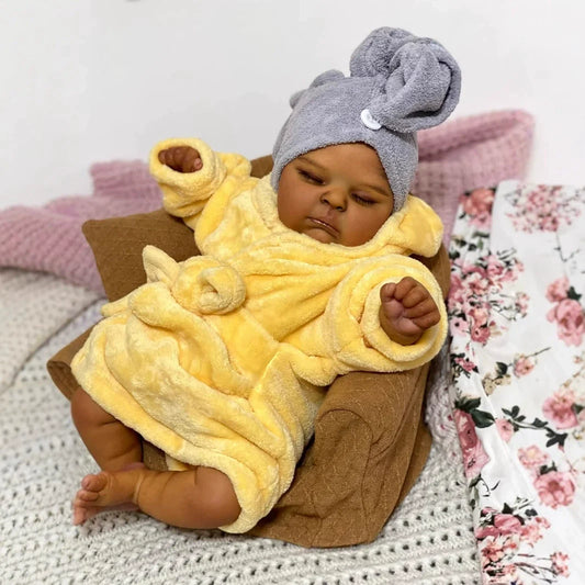 19 Inches Realistic Closed Eyes Dark Skin Reborn Doll Peaches in Yellow Bathrobe