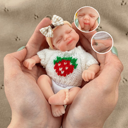 Bambola reborn Pascale in silicone da 15 cm con occhi chiusi e maglione bianco a fragole