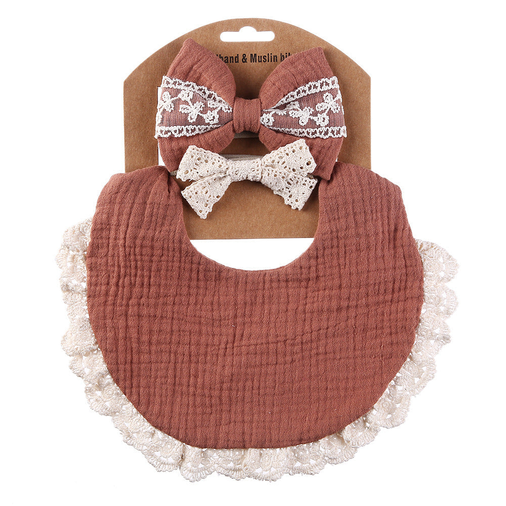 Lace cotton solid color Bib & Headband 3-Piece Set