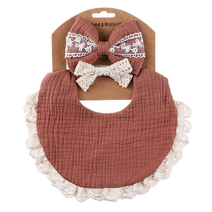 Lace cotton solid color Bib & Headband 3-Piece Set