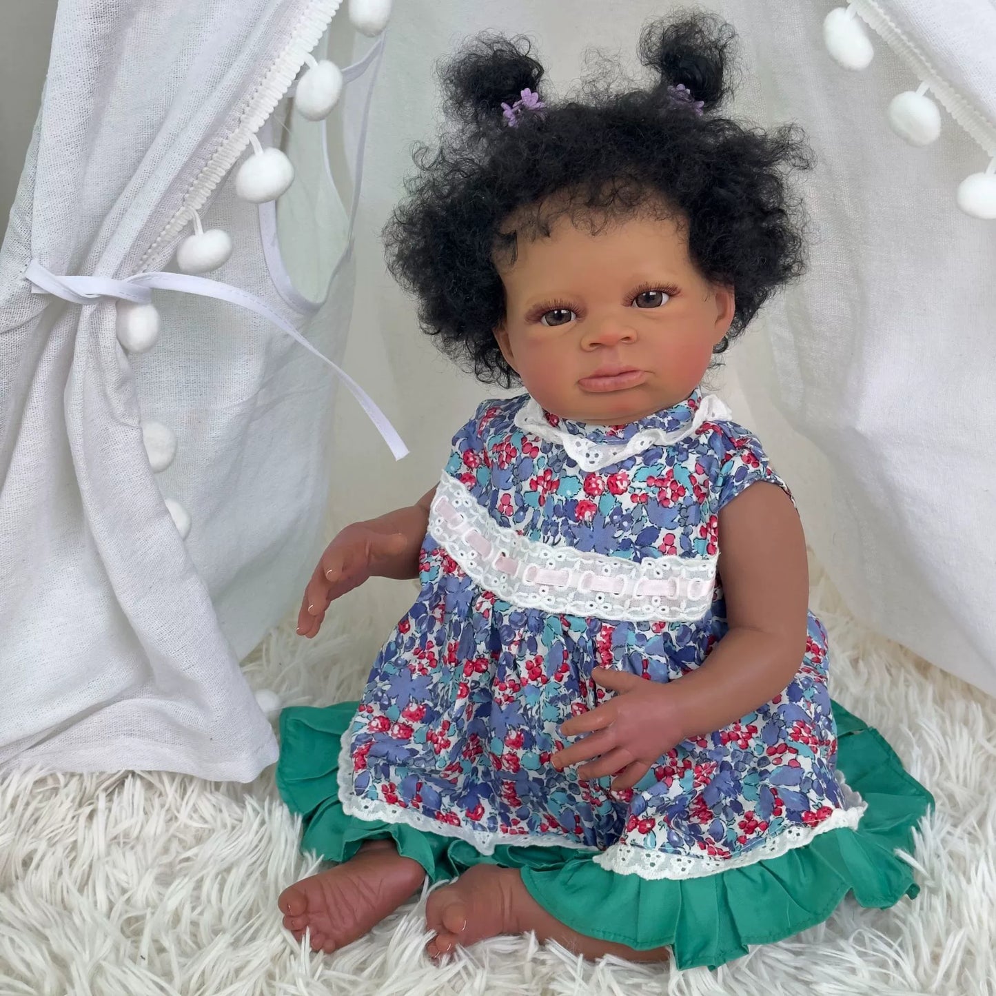 50cm Open Eyes Dark Skin Curly Hair Reborn Doll in Floral Dress-Lanny
