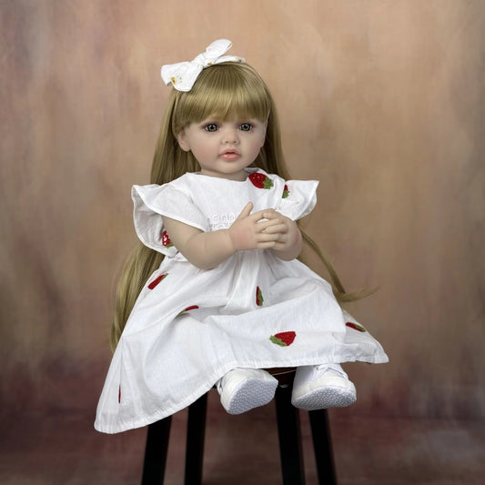 Bambina rinata Betty 55 cm occhi aperti capelli biondi lunghi in abito bianco