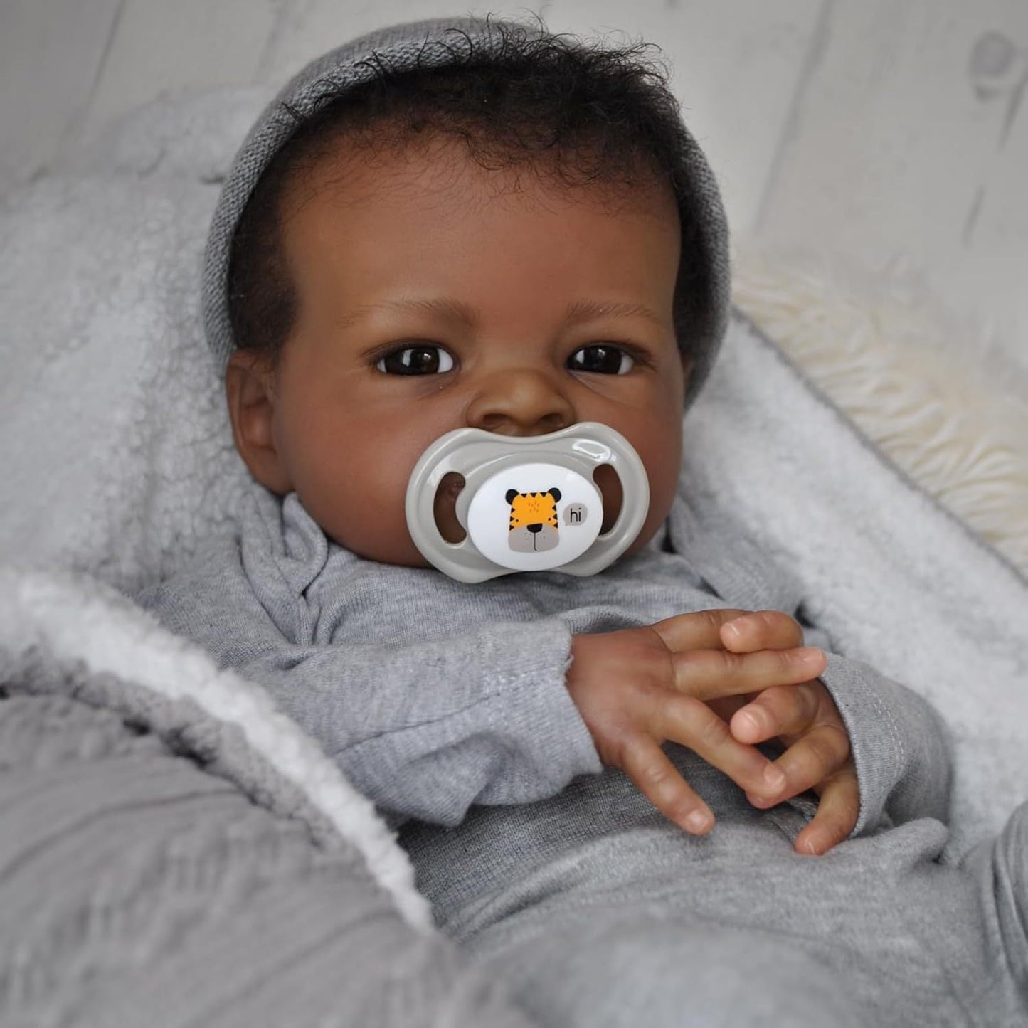 20 Inches Open Eyes Dark Skin Curly Hair Reborn Doll in Gray Clothes-Lanny
