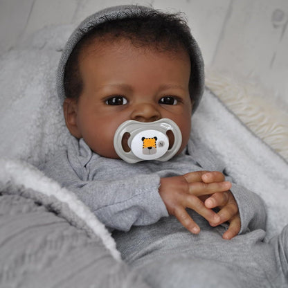 20 Inches Open Eyes Dark Skin Curly Hair Reborn Doll in Gray Clothes-Lanny