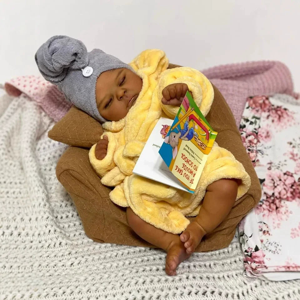 19 Inches Realistic Closed Eyes Dark Skin Reborn Doll Peaches in Yellow Bathrobe