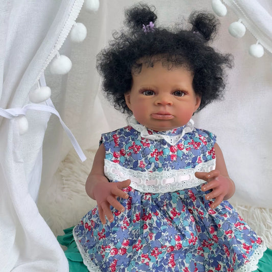 50cm Open Eyes Dark Skin Curly Hair Reborn Doll in Floral Dress-Lanny