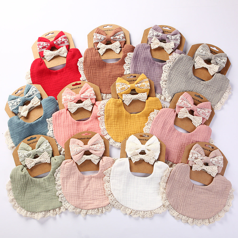 Lace cotton solid color Bib & Headband 3-Piece Set
