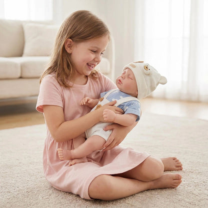 Bambola reborn Loulou da 30 cm interamente in silicone vestita con un orsetto