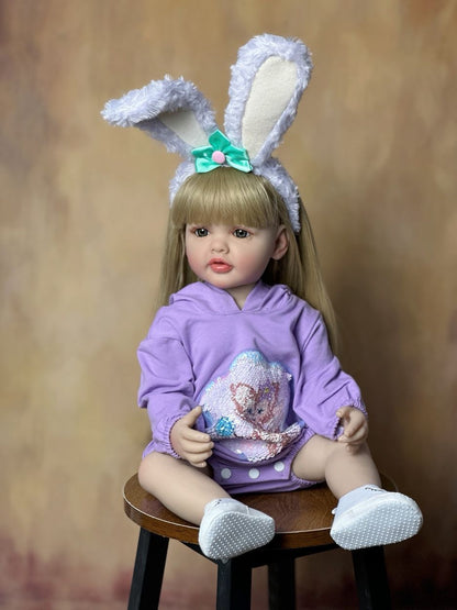 55cm Open Eyes Long Hair Reborn Baby Girl In Purple Clothes and bunny ear headband-Betty