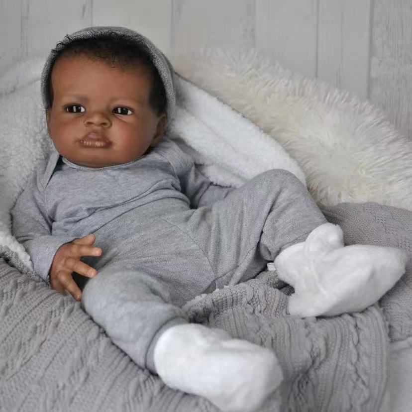 20 Inches Open Eyes Dark Skin Curly Hair Reborn Doll in Gray Clothes-Lanny