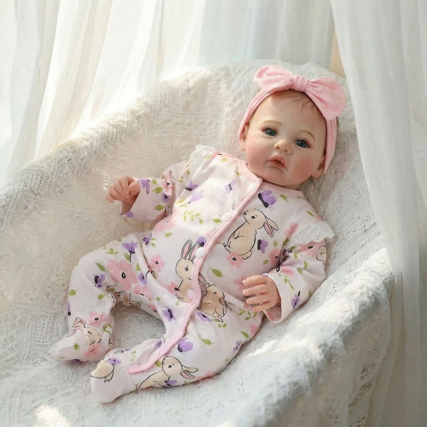 48cm Blue Eyes Reborn Baby Meadow In Floral print romper