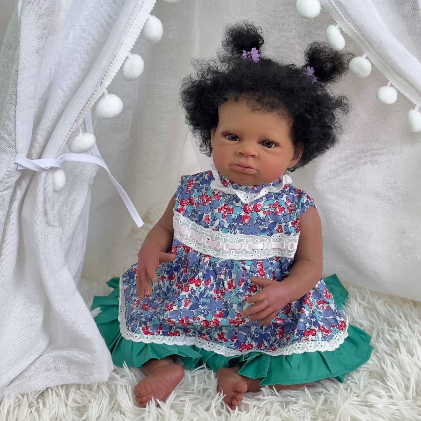 50cm Open Eyes Dark Skin Curly Hair Reborn Doll in Floral Dress-Lanny