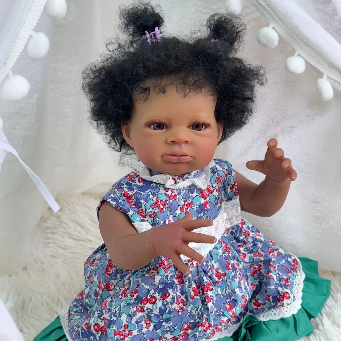50cm Open Eyes Dark Skin Curly Hair Reborn Doll in Floral Dress-Lanny