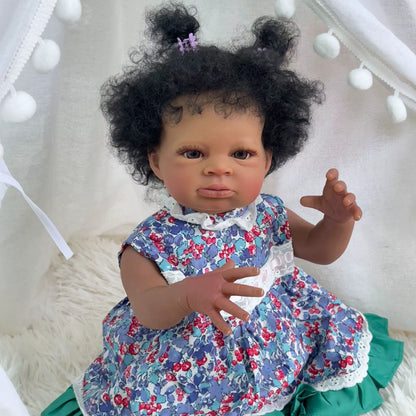 50cm Open Eyes Dark Skin Curly Hair Reborn Doll in Floral Dress-Lanny
