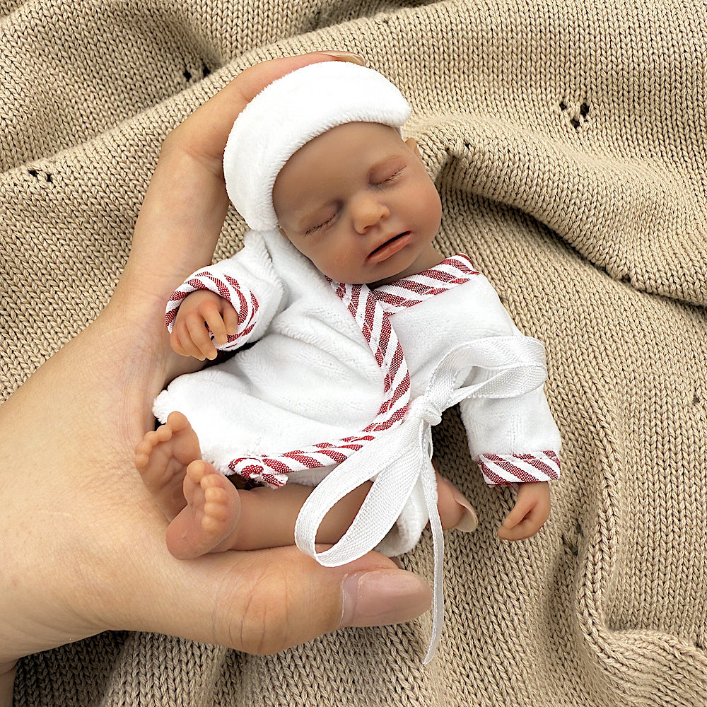 15cm Silicone Dark Skin Loulou Mini Reborn Doll in White Bathrobe