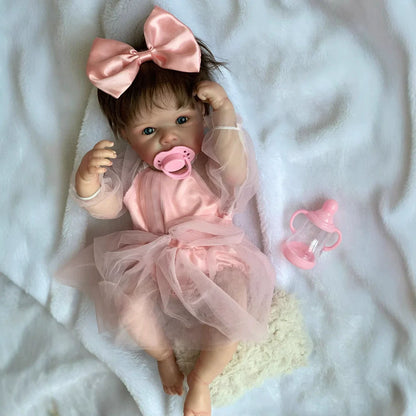 Quinn 18 pollici occhi aperti Bettie capelli corti bambina reborn in abito rosa