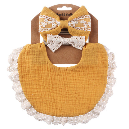 Lace cotton solid color Bib & Headband 3-Piece Set