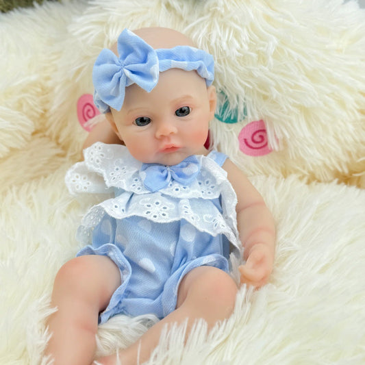 30cm Full Silicone Meadow Reborn Baby Girl in Blue Polka dots Clothes