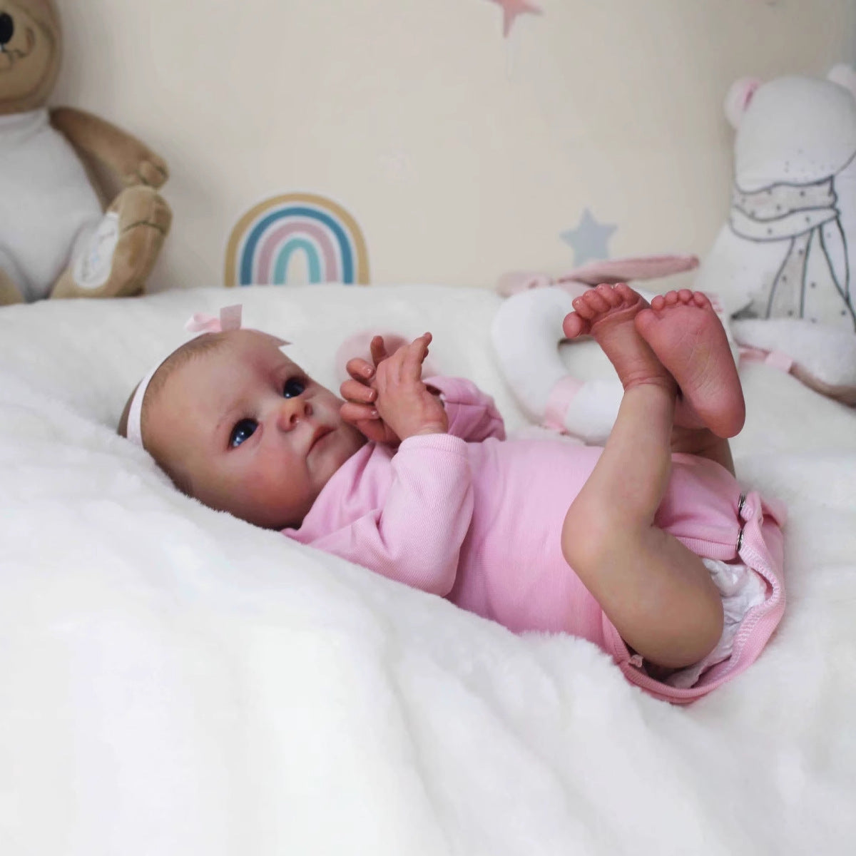 Bambola reborn realistica da 40 cm con occhi aperti Tink in abiti rosa