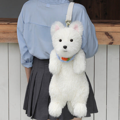 Adorabile zaino fatto a mano in peluche realistico con cucciolo West Highland