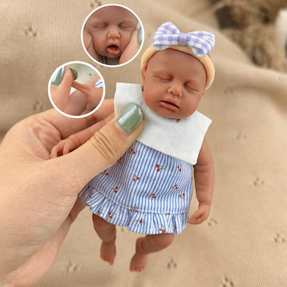 15cm Silicone Dark Skin Loulou Mini Reborn Doll in Blue Stripe Dress