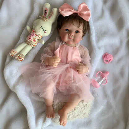 Quinn 18 pollici occhi aperti Bettie capelli corti bambina reborn in abito rosa