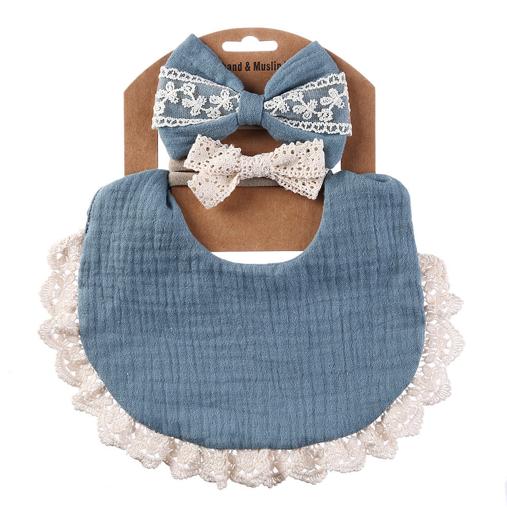 Lace cotton solid color Bib & Headband 3-Piece Set
