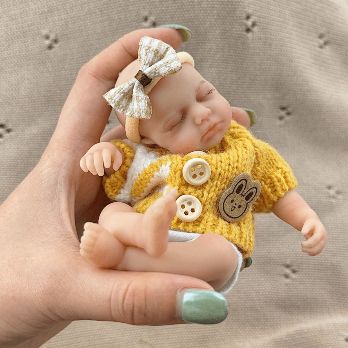 15cm Silicone Closed Eyes loulou Mini Reborn Doll in Yellow Stripes Sweater