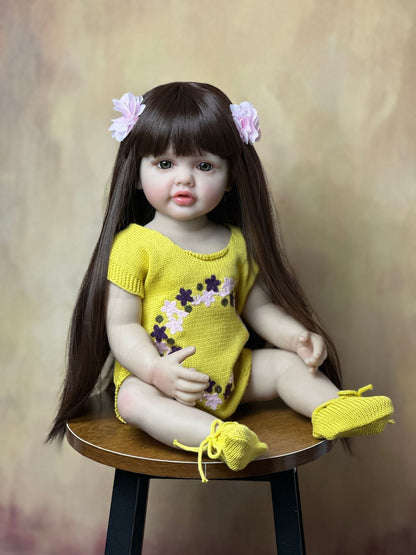 55cm Long Hair Reborn Baby Girl In Yellow Clothes-Betty