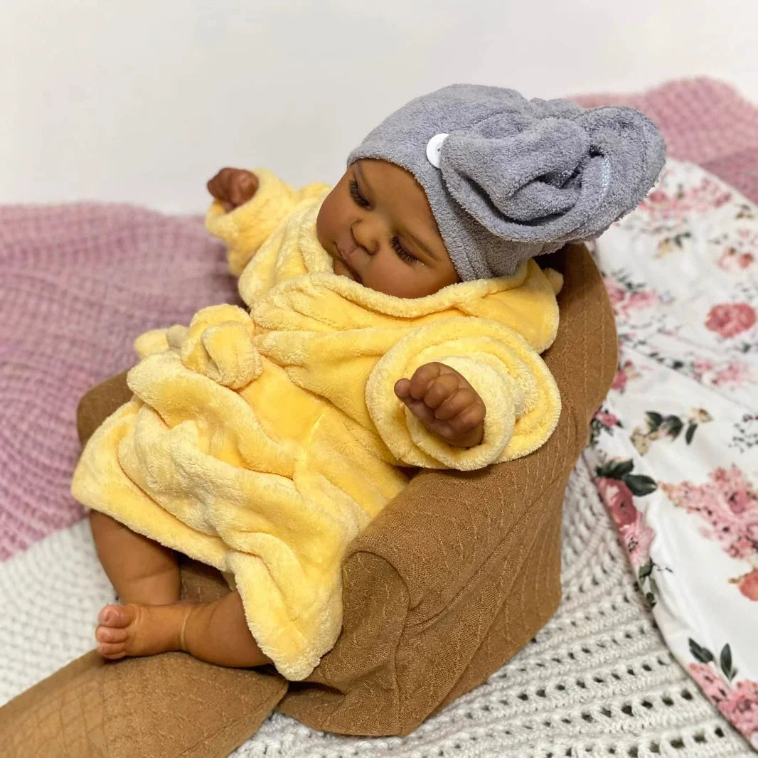 19 Inches Realistic Closed Eyes Dark Skin Reborn Doll Peaches in Yellow Bathrobe