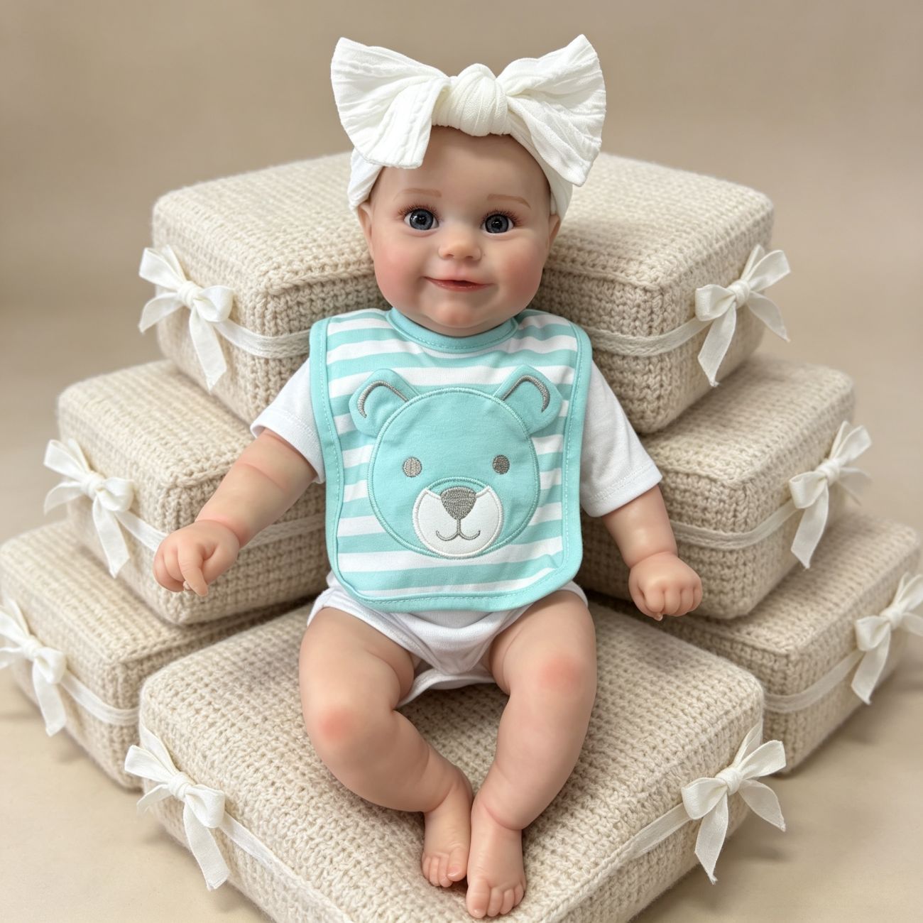 Bambola Reborn femminile Maddie da 50 cm realistica con occhi aperti sorriso e bavaglino a righe blu