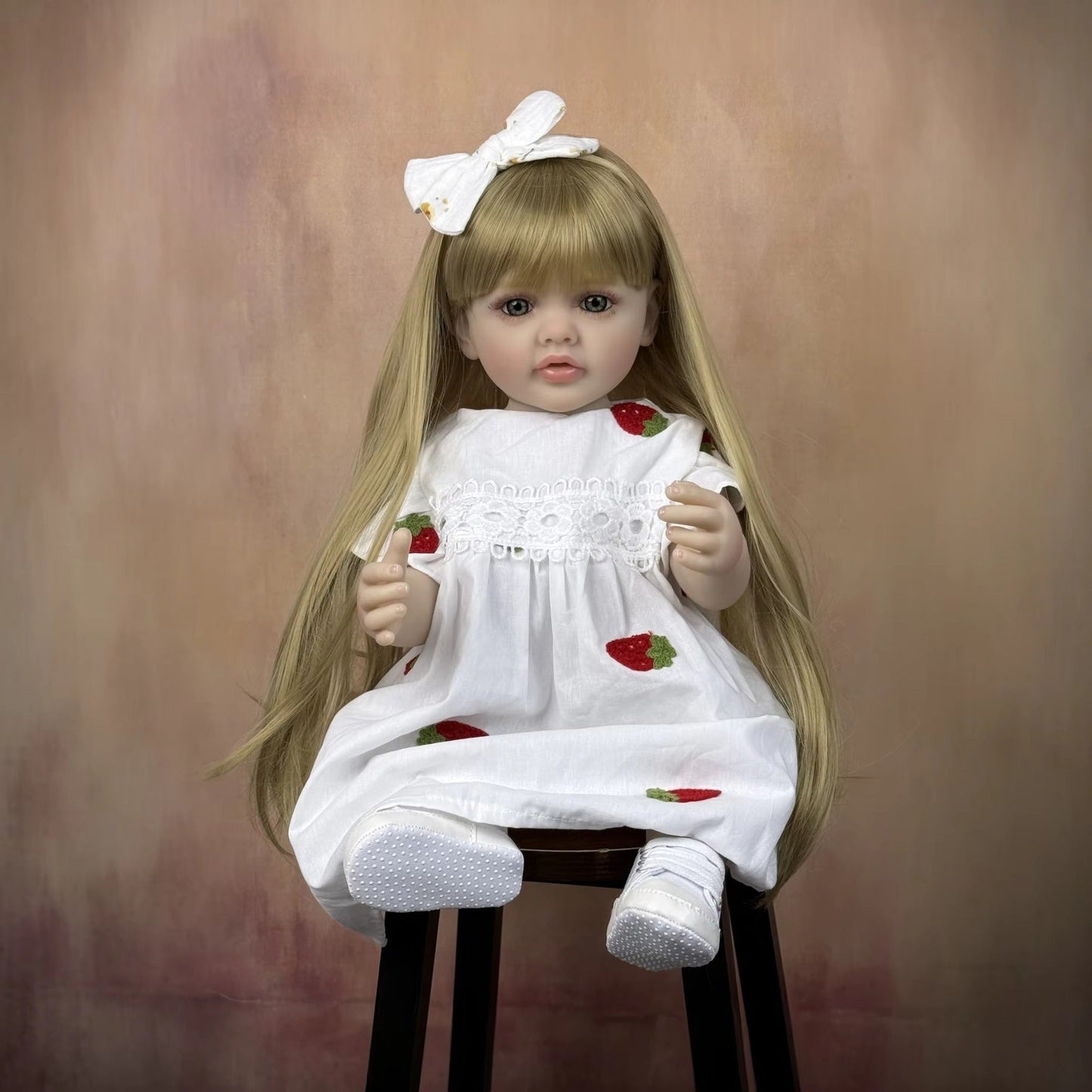 55cm Open Eyes Long Blonde Hair Betty Reborn Baby Girl In White Dress