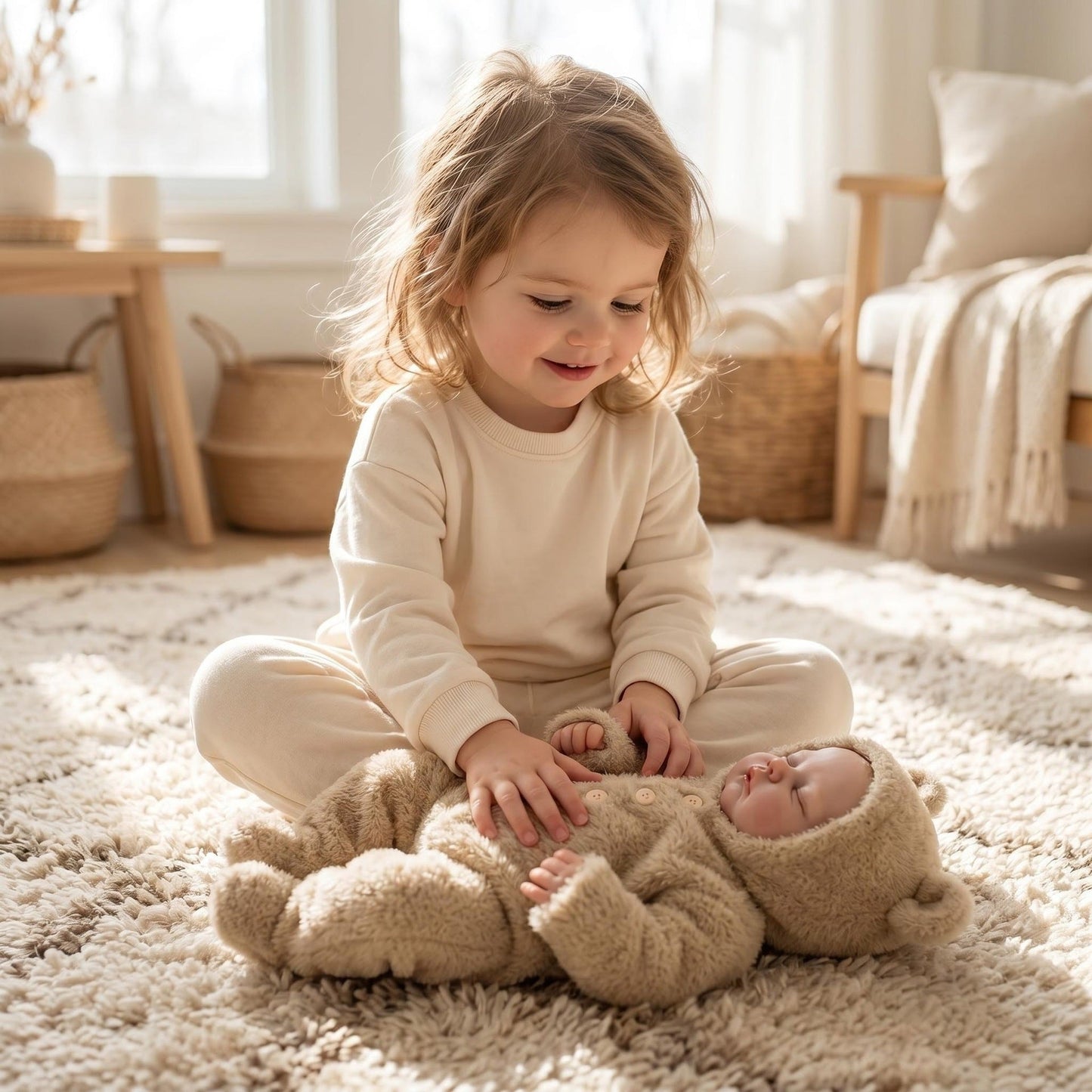 Bambola reborn di 48 cm con corpo morbido modello Pickle Sleeping avvolta in una tutina di peluche color cammello