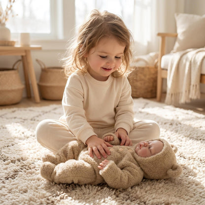 Bambola reborn di 48 cm con corpo morbido modello Pickle Sleeping avvolta in una tutina di peluche color cammello
