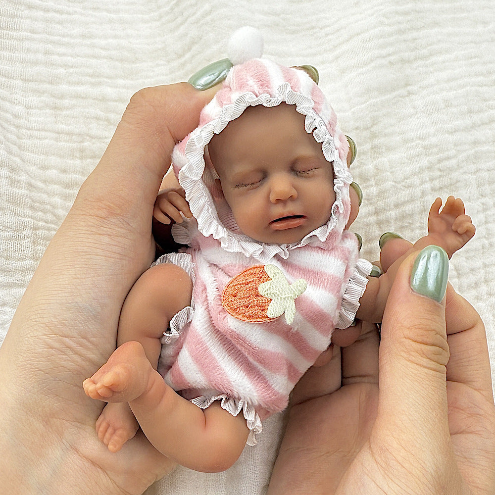 15cm Silicone Dark Skin Loulou Mini Reborn Doll in Pink Stripe Outfits