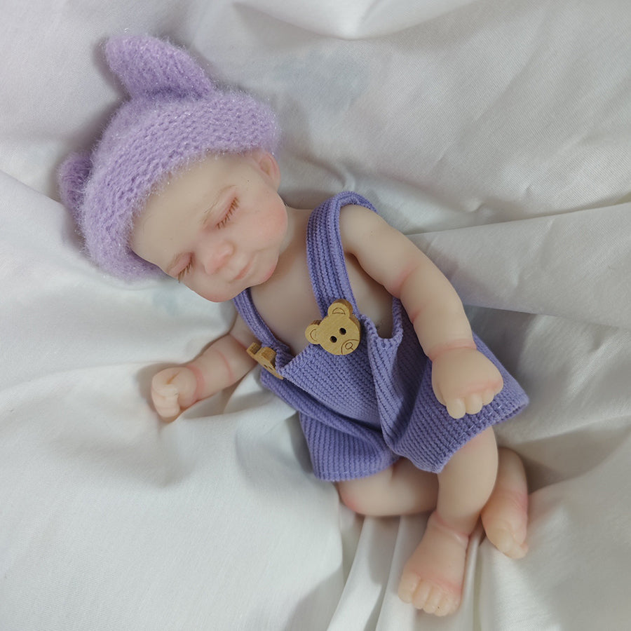 6 Inch Closed Eyes Silicone Mini Reborn Doll Girl Pascale In Bear Overalls