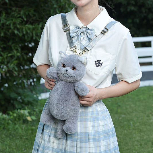Adorable Handmade Lifelike Plush Blue Kitten Backpack