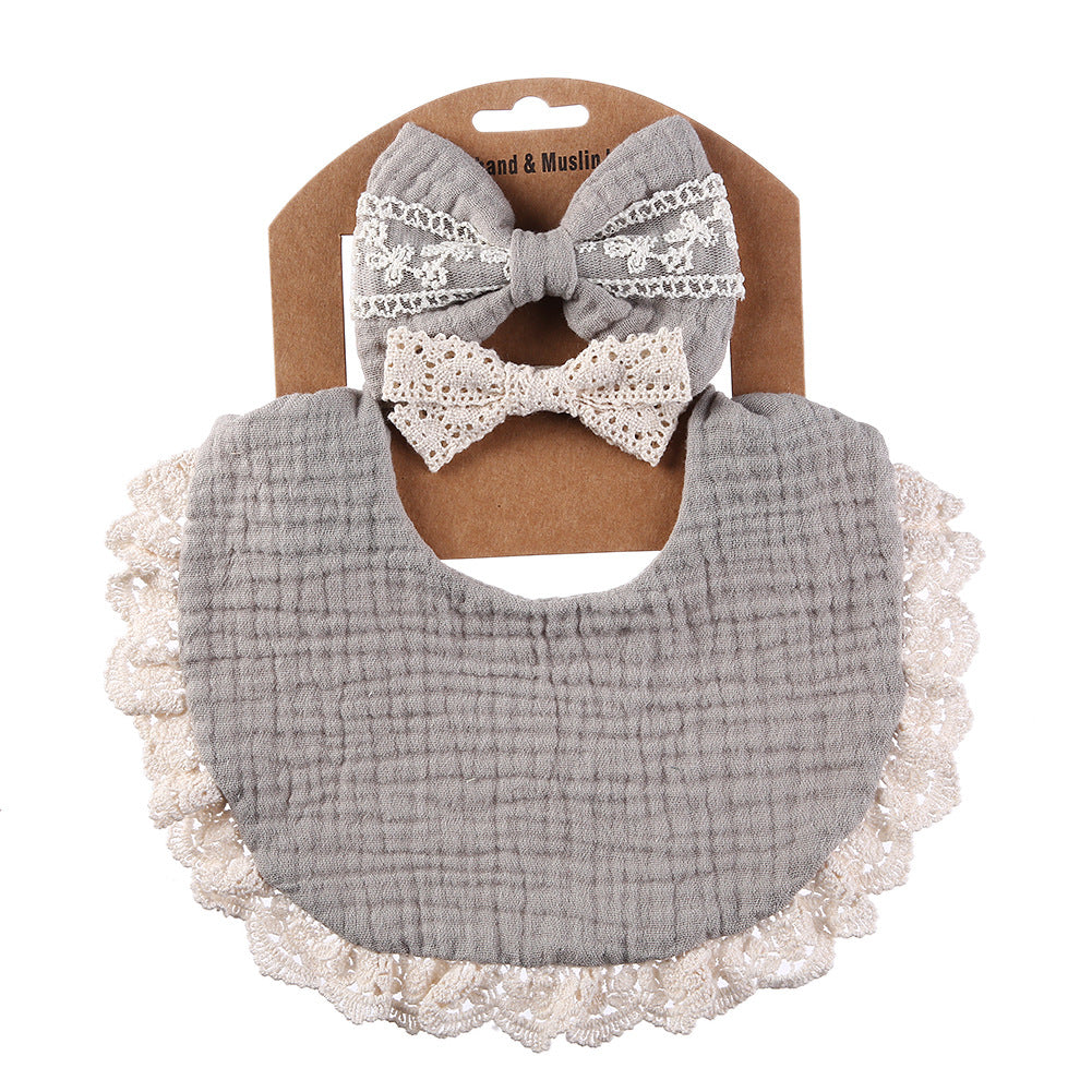 Lace cotton solid color Bib & Headband 3-Piece Set