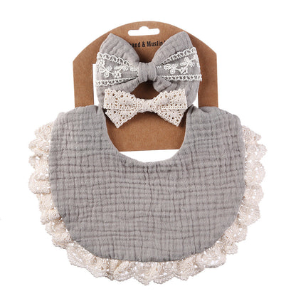 Lace cotton solid color Bib & Headband 3-Piece Set
