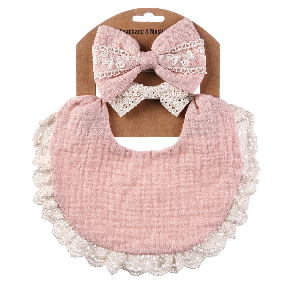 Lace cotton solid color Bib & Headband 3-Piece Set
