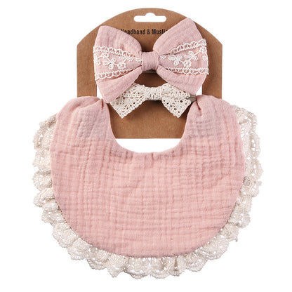 Lace cotton solid color Bib & Headband 3-Piece Set